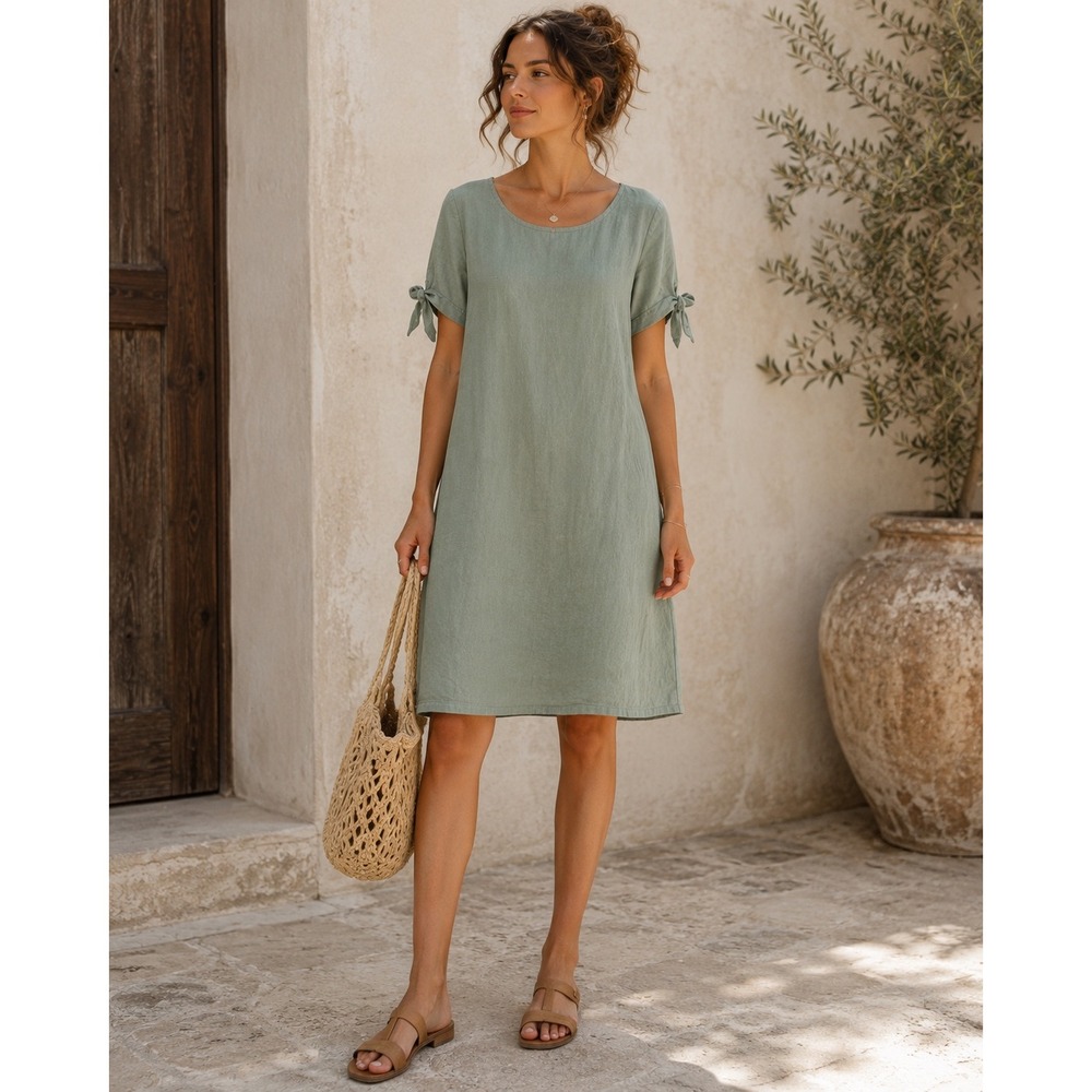 Terzo Millennio Minimalist Linen Shift Dress Medium Sage Green Made in Italy